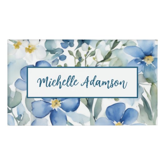 Retro Stijlvolle Elegante Blauwe Witte Bloemen Naambadge (Voorkant)