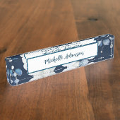 Retro Stijlvolle Elegante Blauwe Witte Bloemen Naambordje (Zijkant)