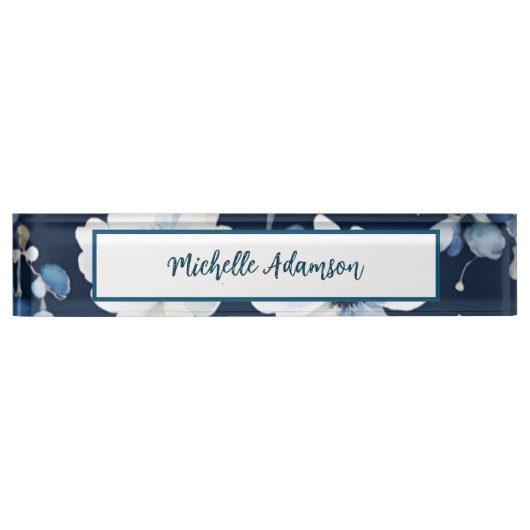 Retro Stijlvolle Elegante Blauwe Witte Bloemen Naambordje (Voorkant)