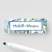 Retro Stijlvolle Elegante Blauwe Witte Bloemen Naamplaatje (In situ)