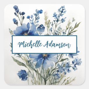 Retro Stijlvolle Elegante Blauwe Witte Bloemen Vierkante Sticker