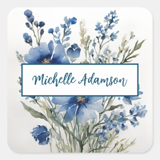 Retro Stijlvolle Elegante Blauwe Witte Bloemen Vierkante Sticker (Voorkant)