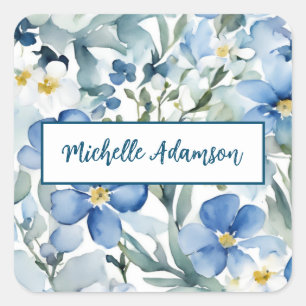 Retro Stijlvolle Elegante Blauwe Witte Bloemen Vierkante Sticker