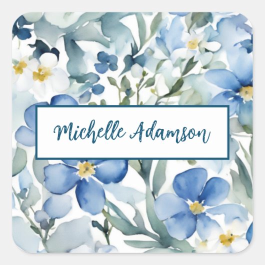 Retro Stijlvolle Elegante Blauwe Witte Bloemen Vierkante Sticker (Voorkant)