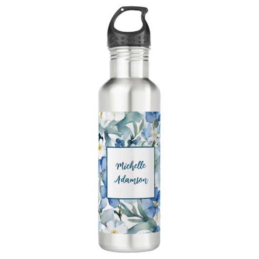 Retro Stijlvolle Elegante Blauwe Witte Bloemen Waterfles (Voorkant)