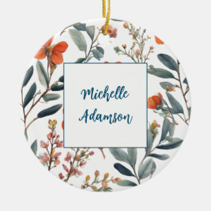 Retro Stijlvolle Elegante Plain Flowers Jouw naam Keramisch Ornament