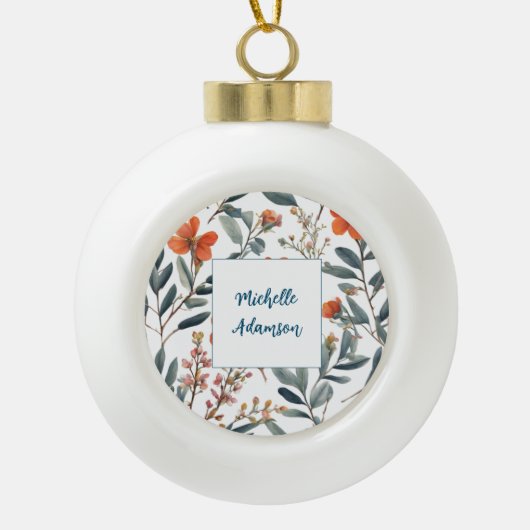 Retro Stijlvolle Elegante Plain Flowers Jouw naam Keramische Bal Ornament (Voorkant)