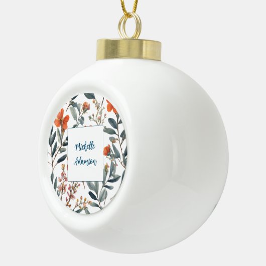 Retro Stijlvolle Elegante Plain Flowers Jouw naam Keramische Bal Ornament (Rechts)