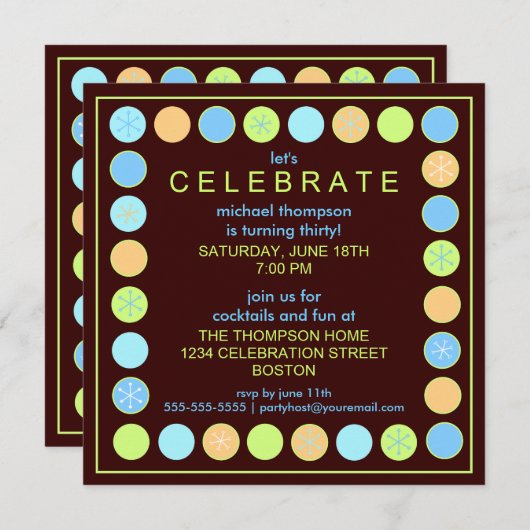 Retro Stippen & sterretjes uitnodiging van de Birt (Voorkant / Achterkant)