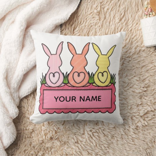 Retro Stitched Easter Bunny Trio Custom Text Banne Kussen (Deken)