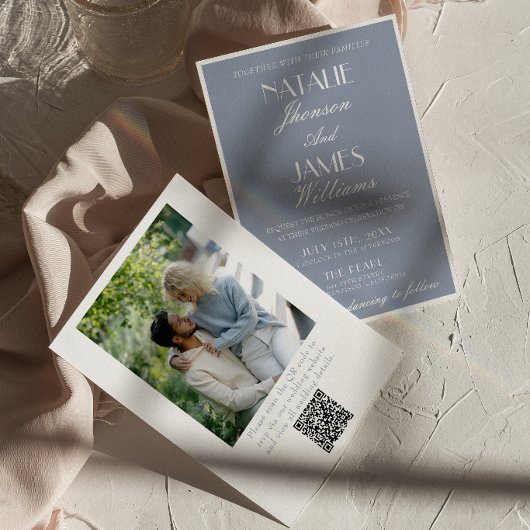 Retro Stof Blauw Oud Geld QR Code Foto Bruiloft Kaart