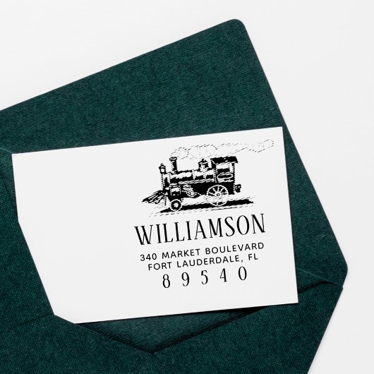 Retro stoomtrein familienaam retouradres rubberstempel