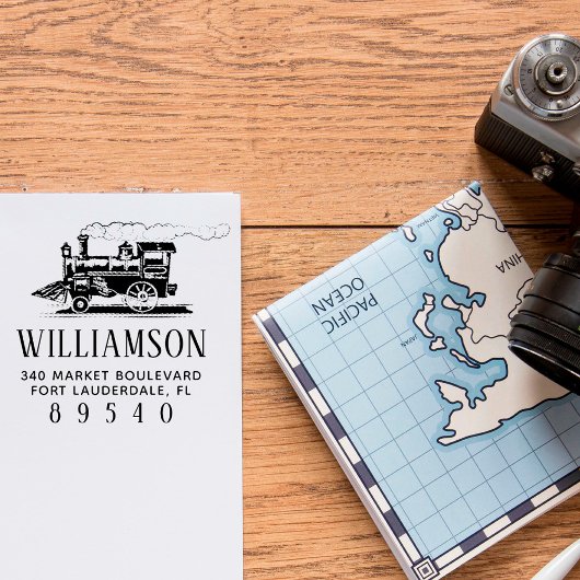 Retro stoomtrein familienaam retouradres  zelfinktende stempel