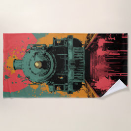 Retro stoomtrein Grafisch met vette zonsondergang  Strandlaken