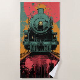 Retro stoomtrein Grafisch met vette zonsondergang  Strandlaken