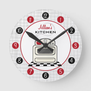 Retro Stove Red & Black Kitchen Clock Ronde Klok