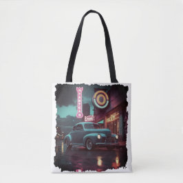 Retro straatbeeld kunst 1940s klassieke auto tote bag