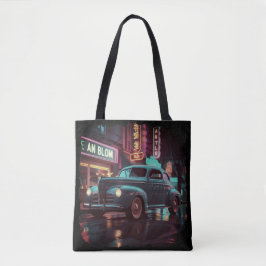 Retro straatbeeld kunst 1940s klassieke auto tote bag