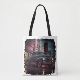 Retro straatbeeld kunst 1940s klassieke auto tote bag