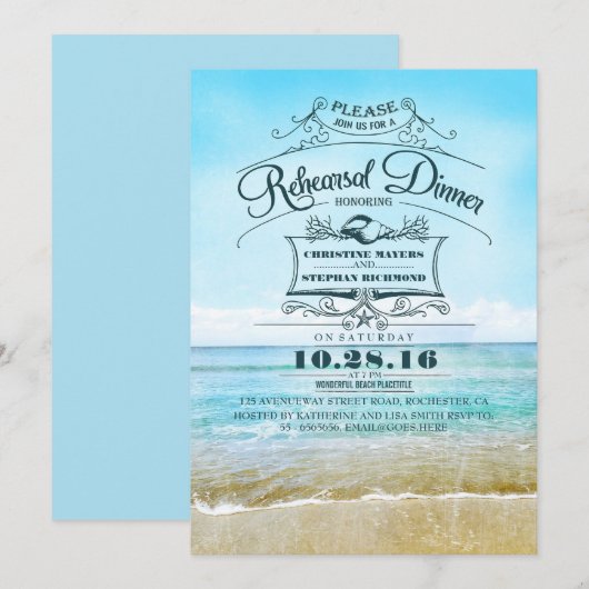 Retro strand blauw ombre repetitie diner uitnodigi kaart (Voorkant / Achterkant)