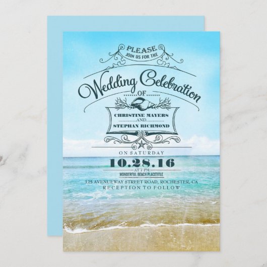 Retro strand bruiloft uitnodigingen blauw ombre ze (Voorkant / Achterkant)