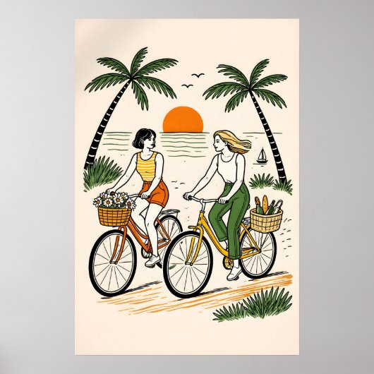 Retro strand fiets koppel poster, zomer kust poster (Voorkant)