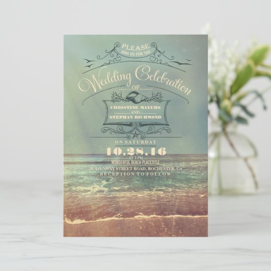 Retro strand huwelijksuitnodigingen -  Zeegezicht Kaart (Staand voorkant)