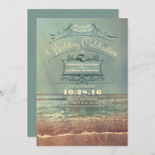 Retro strand huwelijksuitnodigingen -  Zeegezicht Kaart (Voorkant / Achterkant)