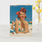 Retro Strand Pin-up Kaart (Gele Bloem)
