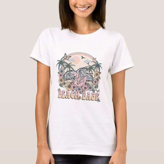 Retro strand schatje skelet flamingo vrede t-shirt (Voorkant)
