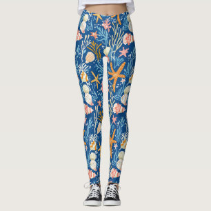 Retro strand schelp oranje roze geel blauw leggings