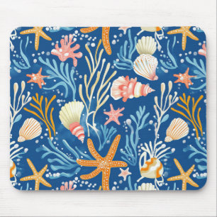 Retro strand schelp oranje roze geel blauw muismat