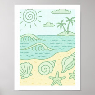 Retro strand schelpen kust tropische oceaan zon poster