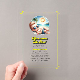 Retro Strand Thema Hier Komt de Zoon Baby Shower Acryl Uitnodigingen