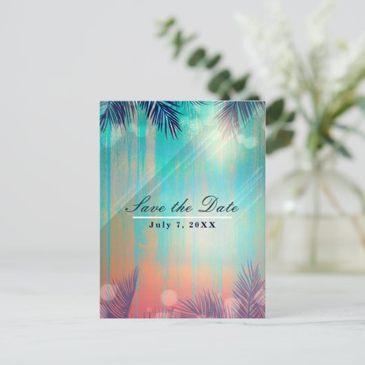 Retro STRANDPARTIJ Zonnige Palmboom Bewaar de Datu Aankondigingskaart (Staand voorkant)