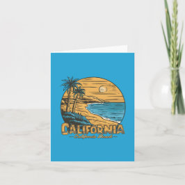 Retro strandtafereel van Californië bij zonsonderg Feestdagen Kaart