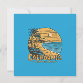 Retro strandtafereel van Californië bij zonsonderg Feestdagenkaart