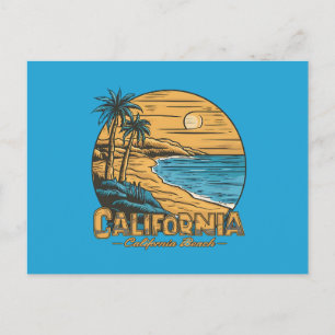 Retro strandtafereel van Californië bij zonsonderg Feestdagenkaart