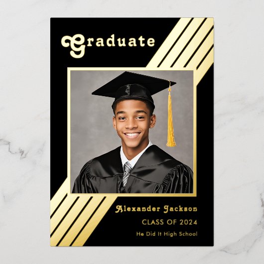Retro Streep Graad Foto Zwart en Goud Afstuderen Folie Uitnodiging (Voorkant)