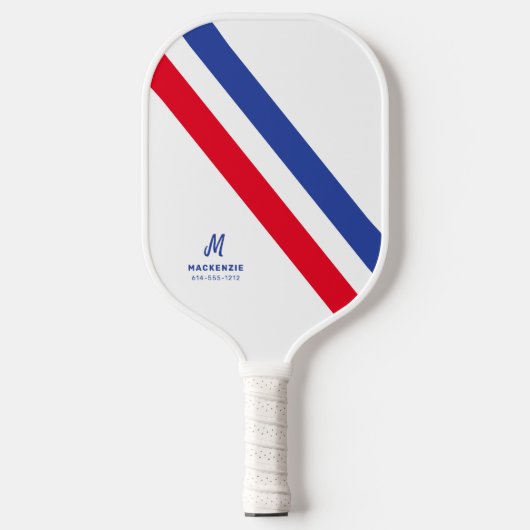 Retro Streep Rood Wit en Blauw Monogrammed Pickleball Paddle (Voorkant)