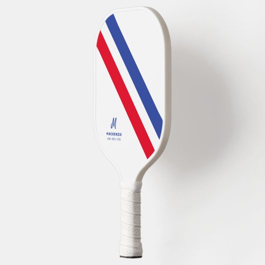 Retro Streep Rood Wit en Blauw Monogrammed Pickleball Paddle (Links)