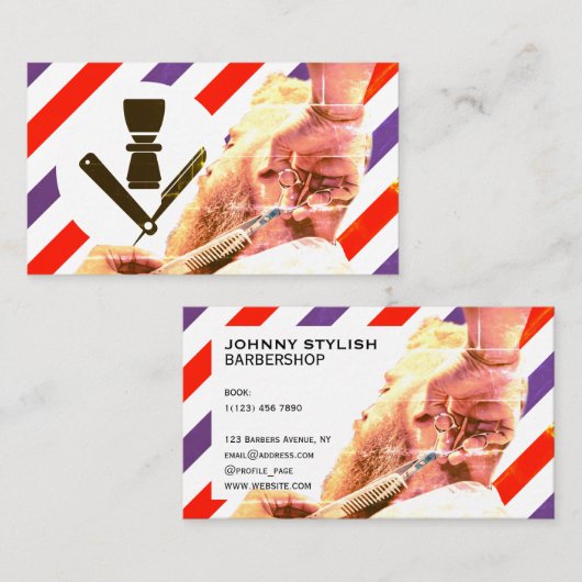 Retro streepjes rood en blauw visitekaartje (Voorkant / Achterkant)