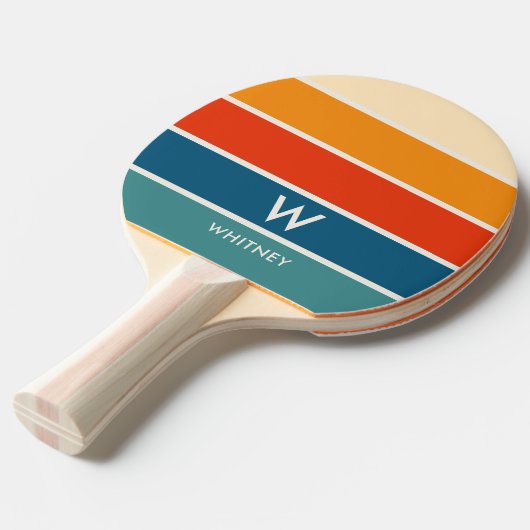 Retro-streepmonogram persoonlijk tafeltennisbatje (Voorkant Gekanteld)