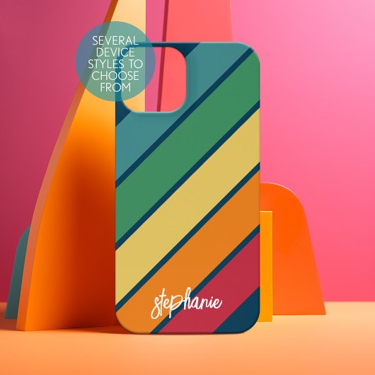 Retro streeppatroon regenboog - Script Naam iPhone 15 Case