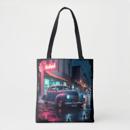 Retro Street Scene Art Vintage 1940s Classic Car Tote Bag