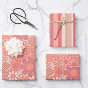 Retro Strepen en Bloemen in Pastel Blush Roze Inpakpapier Vel