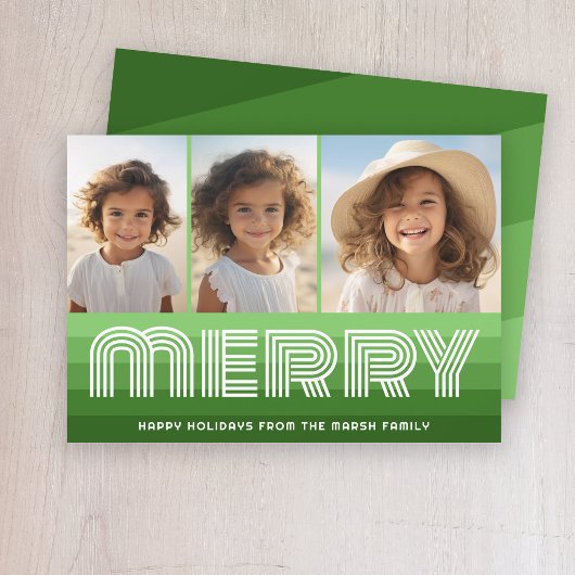 Retro strepen in olijfgroen - Merry 3 Foto Feestdagenkaart