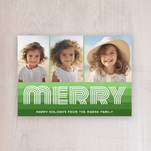Retro strepen in olijfgroen - Merry 3 Foto Feestdagenkaart