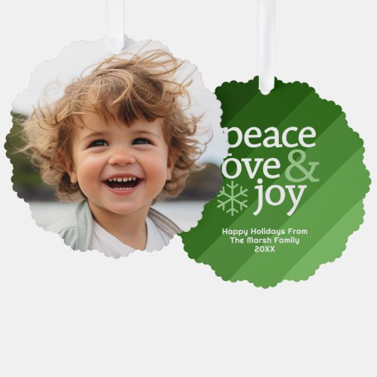 Retro strepen met foto - Peace Love Joy Green Ornament Kaart (Voorkant / Achterkant)