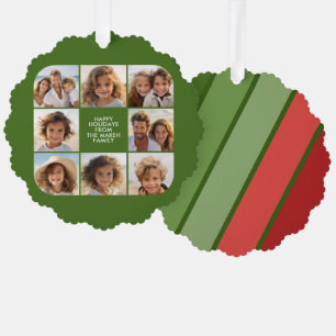 Retro Strepen Rood Groen - Kerst 8 Foto Ornament Kaart